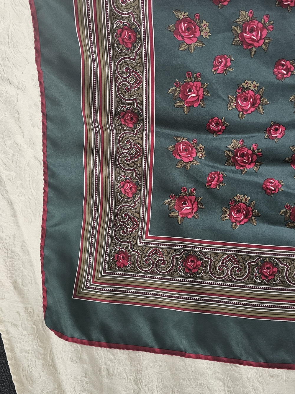 Vtg Italian Pure Silk Square Scarf Pink Roses Scroll Paisley Border Dark Green - Picture 4 of 8